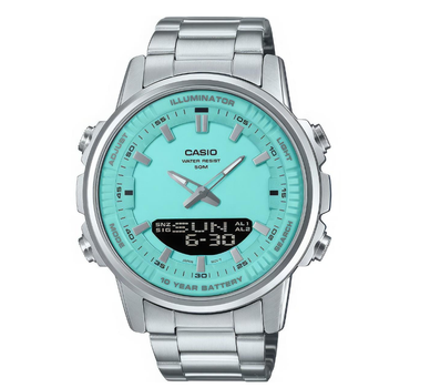 Мужские часы CASIO AMW-880D-2A2VDF в серебристом исполнении с бирюзовым экраном.
