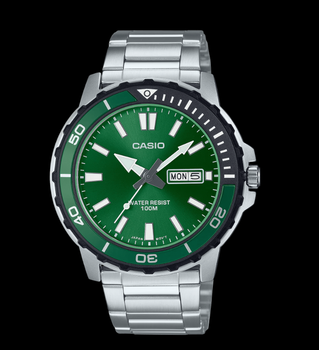 Часы CASIO MTD-125D-3AVDF для мужчин в серебристом исполнении с зеленым экраном.