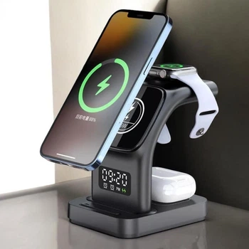 Беспроводная универсальная зарядная станция 5 в 1 Earldom ET-WC37 15W для iPhone AirPods Apple Watch и подсветкой MagSafe Black