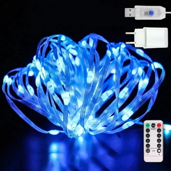 Светодиодная гирлянда нить "Роса Люкс" 10м с пультом, от USB и сети 220V, 100 LED, 8 режимов, IP65, Синий