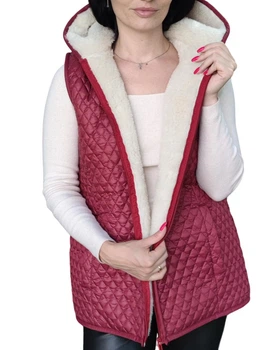 Жилетка на натуральной овчине женская, с капюшоном, бордовая 3XL (54)