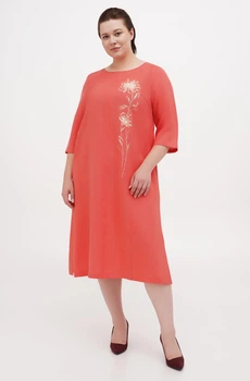 Вільна сукня великих розмірів з льону з вишитими квітами Ольвія (Plus size). Червоний, р.60, код 0357/60/998