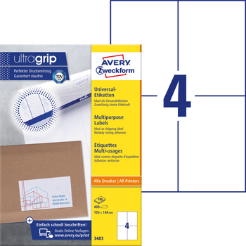 Etykiety Avery Zweckform UltraGrip 105 x 148 mm A4 100 arkuszy (4004182034835)