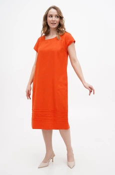 Лляна міді сукня великих розмірів з коротким рукавом (Plus size) Варна. Помаранчевий, р.56, код 0330/56/200