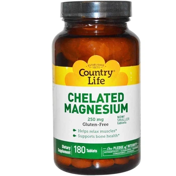 Магній хелат, Chelated Magnesium, Country Life, 250 мг, 180 таблеток