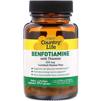 Бенфотиамин c тиамином, Benfotiamine, Country Life, 150 мг, 60 веганских капсул