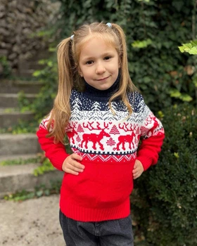 Свитер с оленями для девочки "Baby deer" Красный с синим, под шею (5-6 лет, 110-116 см