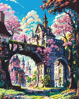 Картина за номерами Казковий замок у сакурі 40*50 см Оригамі LW 3331