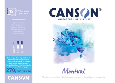 Склейка для акварели Canson Montval 18x25 см 270 г/м2 12 листов натуральный белый крупное зерно (3148958073237)