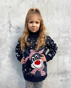 Свитер с оленями для девочки "Snowy deer" Cиний (7-8 лет, 122-128 см)