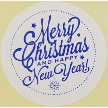 Етикетка біла\синя кругла "Merry Christmas And Happy New Year". Упаковка 50 шт., діаметр 50мм Упаковочка # 3791