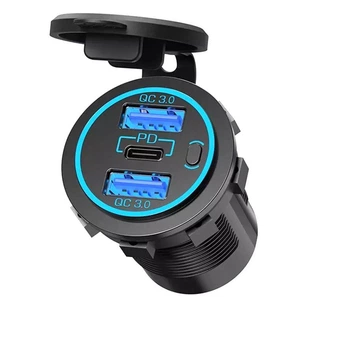 Адаптер врезной USB зарядка QC 3.0+PD Type-C 20W с кнопкой в отверстие прикуривателя