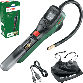 Автомобільний насос Bosch EasyPump акумуляторний з французьким клапаном, голкою для м’яча, адаптером об’єму, USB-кабелем та текстильною сумкою (0603947000)