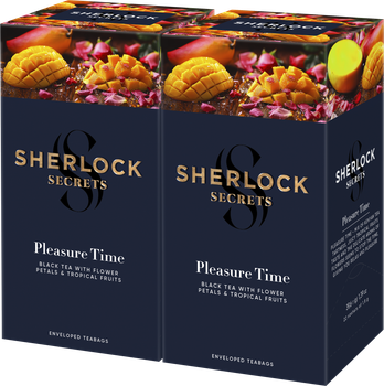 Упаковка черного чая Sherlock Secrets Pleasure Time с лепестками цветов и тропическими фруктами 2 пачки по 1.8 г х 22 саше (2300000012910)