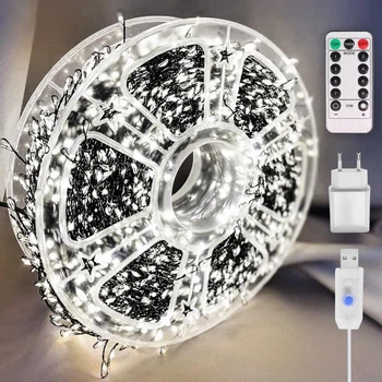 Светодиодная гирлянда мишура "Роса", 50м, с пультом, 1500 LED, от USB и сети 220V, 8 режимов, Белый
