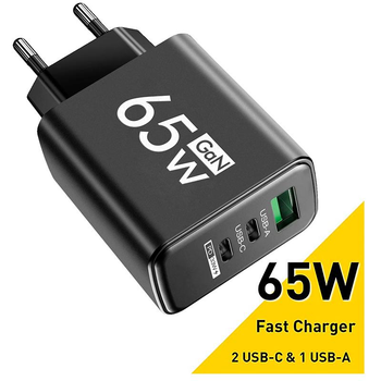 Мережевий зарядний пристрій Блок живлення для телефону Maerknon 65W GAN 1 USB + 2 Type-C Швидка зарядка PD+QC3.0 Блок заряджання для Samsung, IPhone, Xiaomi, Redmi, Huawei, Realme 564 Black