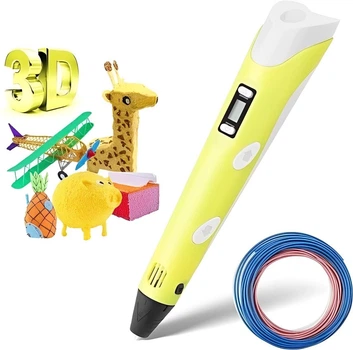 Детская 3D ручка с LCD дисплеем для творчества 3D Pen + пластик и трафареты Желтый