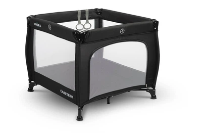 Детский манеж, Caretero Quadra Black, складной манеж, дорожный манеж для ребенка, игровая зона для малыша, компактный манеж с москитной сеткой, манеж с боковым входом, безопасный детский манеж, легкий манеж для путешествий