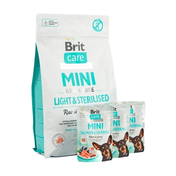 НАБІР Сухий корм Brit Care GF Mini Light and Sterilised для контролю ваги собак міні порід, з лососем та кроликом 2 кг + 3 паучи 85 г (2700000049433)
