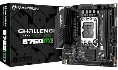 Мат.плата LGA1700, Maxsun Terminator B760ITX D5, B760, 2xDDR5, Int.Video(CPU), 4xSATA3, 1xPCI-E 16x 5.0, 2xM.2 4.0, Dual LAN 2.5G+1G, ALC897, 4xUSB3.2/4xUSB2.0, 2xDP/2xHDMI, Mini-ITX (MS-Challenger B760ITX D5)