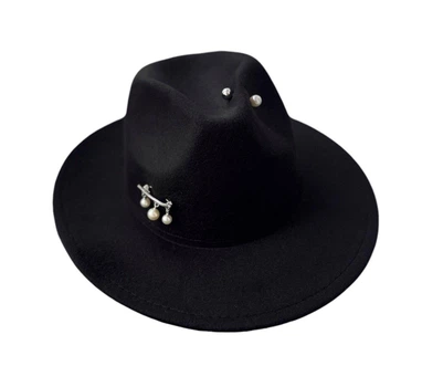 Капелюх федора зі стійкими полями унісекс з декором 56-58 чорний 01070