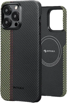 Карбоновий чохол Pitaka MagEZ Case 4 Fusion Weaving Overture для iPhone 15 Pro Чорний + Зелений (FO1501P)