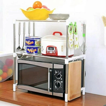 Полка для микроволновки раздвижная 2-ярусная Multi Function Telescopic Framework, стойка-трансформер кухонная телескопическая для бытовой техники, посуды и мелочей, органайзер-стеллаж на кухню из металла и пластика VE-49