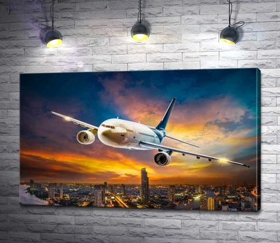 Картина Білосніжний літак мчить над мегаполісом 60x37 см Модуль №1 (000495)