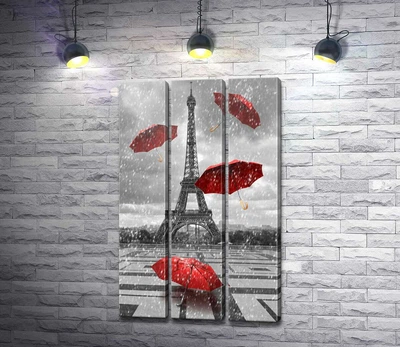 Модульная картина Дождь из красных зонтиков перед Эйфелевой башней (Eiffel tower) 60x101 см Модуль №2 (003059)