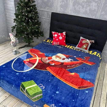 Велюровий плед з 3D малюнком, Санта на літаку, 200x230 см.