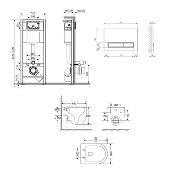 Готове рішення Qtap для ванної кімнати: підвісний унітаз Taurus Ultra Quiet 485×360×350 + комплект інсталяції Nest 4 в 1 (лінійна клавіша Matt Black)