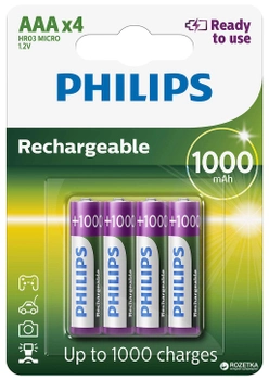 Аккумулятор Philips Ready to Use Ni-MH AAA 1000 мАч 4 шт (R03B4RTU10/10)