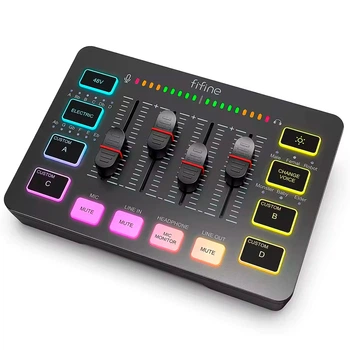 Аудиомикшер игровой Fifine SC3 4-канальный Звуковая карта с RGB подсветкой Черный