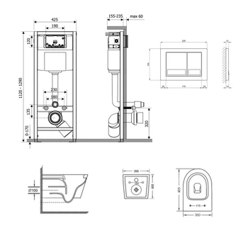 Готове рішення Qtap для ванної кімнати: підвісний унітаз Swan Ultra Quiet 485x360x320 + комплект інсталяції Nest 4 в 1 (квадратна клавіша Satin)
