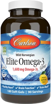 Жирні кислоти Carlson Омега-3 Elite Omega-3 Gems 180 желатинових капсул Лимон (088395017124)