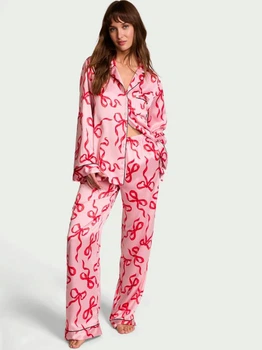 Сатинова піжама Victoria's Secret (сорочка+штани) S-long розовая бантики Satin Long Pajama Set