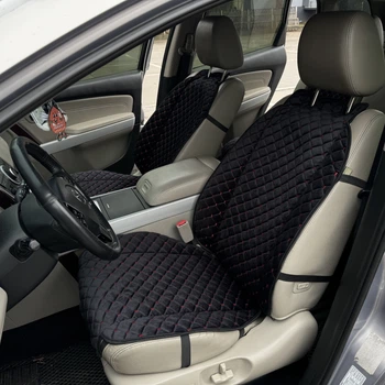 Автомобільні накидки на сидіння з алькантари Lux Прошитий квадратний ромбік Чорний з червоним рядком Преміум+ Повний комплект
