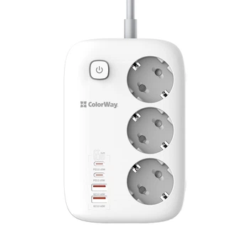 Мережевий фільтр-подовжувач СolorWay 3 розетки/4USB GaN3 Pro PD (2USB-A + 2 TYPE-C) (65W) 2M (CW-CHE34PDW)