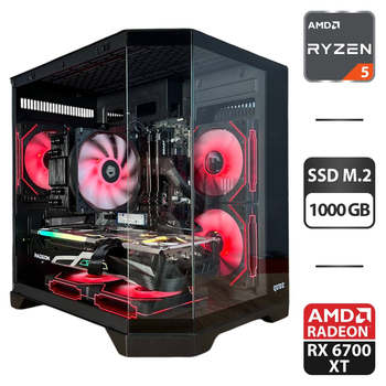 Сборка под заказ: игровой ПК Qube Crystal ARGB Black Tower / AMD Ryzen 5 5500 (6 (12) ядер по 3.6 - 4.2 GHz) / 32 GB DDR4 / 1000 GB SSD M.2 / AMD Radeon RX 6700 XT, 12 GB GDDR6, 192-bit / 650W / HDMI б/у