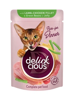 Влажный корм Delickcious для кошек с ягненком, куриным филе и спаржей (кусочки в желе) 80 г