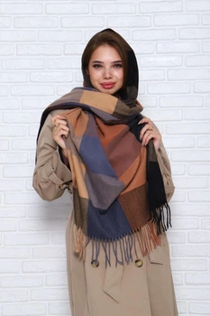 Кашемировый палантин шарф в клетку с бахромой PASHMINA коричнево-бежевый