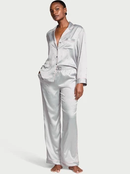 Піжама сатинова Glazed Satin Dew Drop Long Pajama Set Grey розмір XS