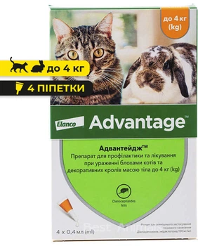 Краплі від бліх Elanco (Bayer) Advantage Адвантейдж для котів кошенят та кролів до 4 кг (4 піпетки)