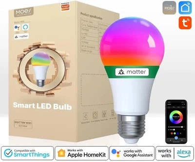 Розумна WiFi лампочка MOES Matter Tuya Smart LED Bulb E27 9W 2700K-6500K Apple Home, Google Home, Alexa