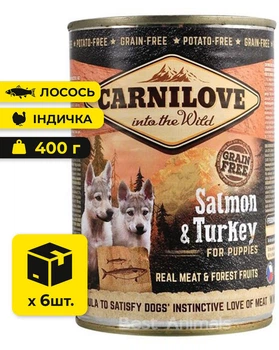 Вологий корм з лососем та індичкою Carnilove Puppies Salmon Tyrkey Карнілов консерва для цуценят 400 г 6 шт (8595602529254)