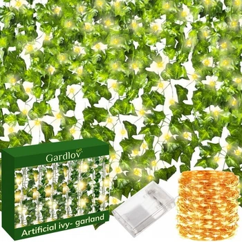 Гирлянда-плющ светодиодная Gardlov 25,2 м 12 лоз 960 листьев с LED подсветкой на батарейках для декора стен Зеленая