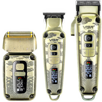 Комплект 3 в 1 VGR V-642 машинка для стрижки, тример и шейвер 800mAh/1600mAh/2600mAh/LED display/IPX6/Gold (00000009034)