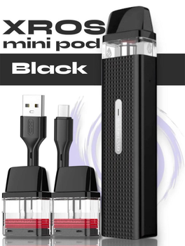 Многоразовая электронная сигарета POD система Vaporesso XROS Mini Kit Black + 1м кабель зарядки ACG + 2 дополнительных картриджа