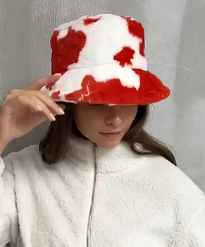 Панама No Brand жіноча зимова тепла Cow хутряна червона з білим