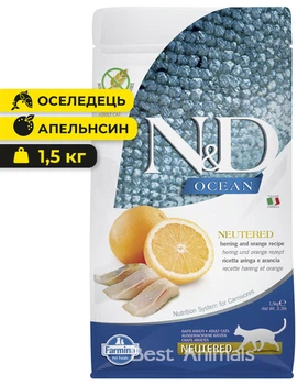Сухий корм для стерилізованих котів Farmina Фарміна N&D Ocean з оселедцем та апельсином 1,5 кг (8010276040152)